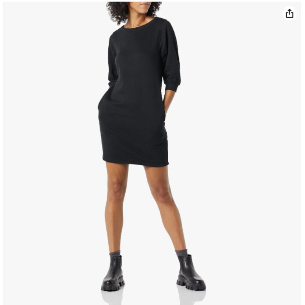 Womens Fleece Blouson Sleeve Boatneck Sweatshirt Dress - Black - Medium